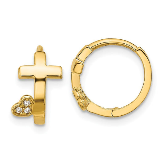 14k Yellow Gold Polished Cross Cubic Zirconia Heart Hinged Huggie Hoop Earrings