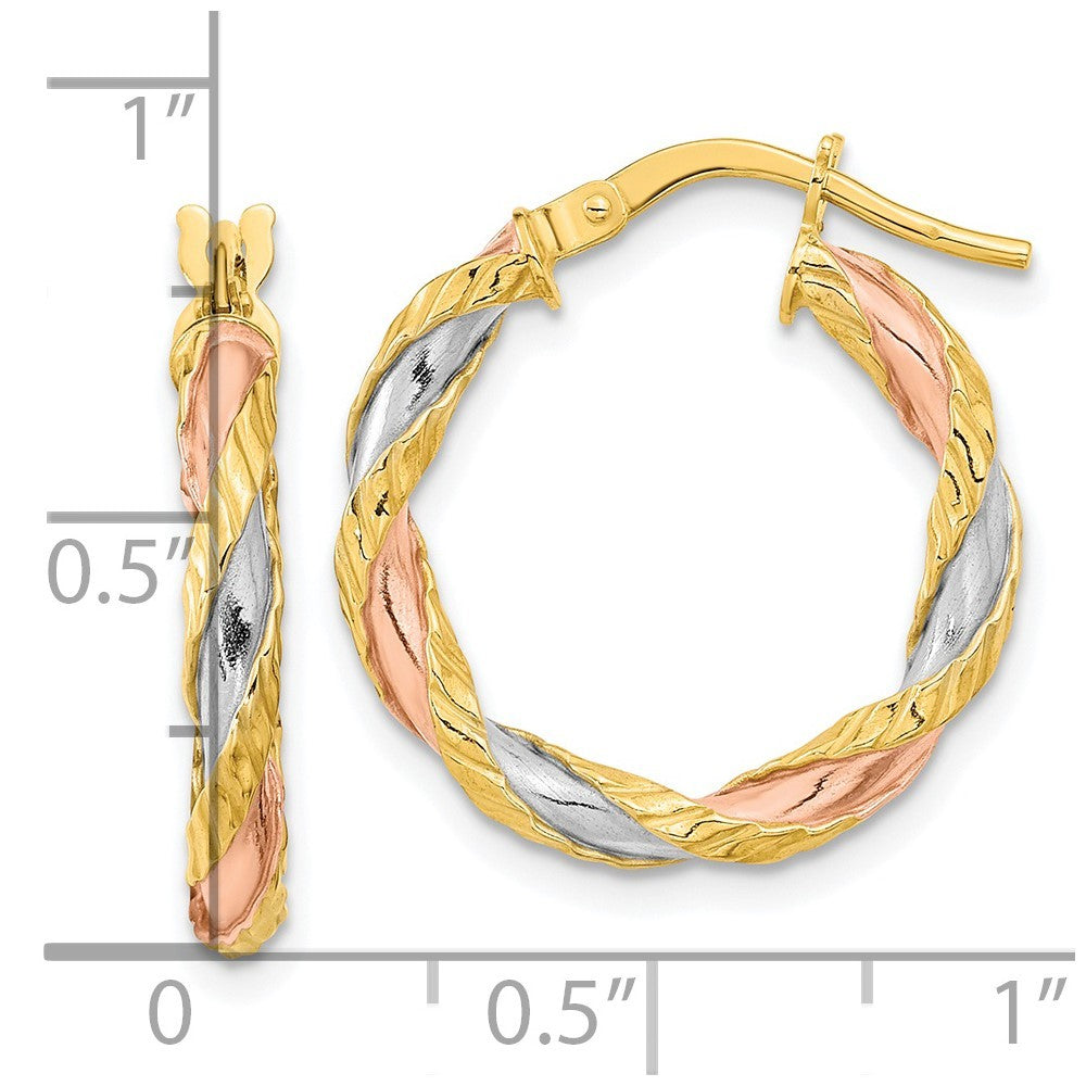 14k Yellow Gold with Rose & White Rhodium Textured Twisted Hoop Earrings