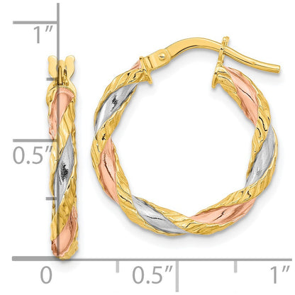 14k Yellow Gold with Rose & White Rhodium Textured Twisted Hoop Earrings