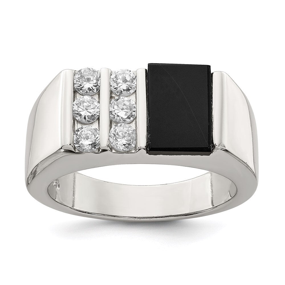 Sterling Silver Rhodium-plated Men's Cubic Zirconia and Onyx Ring Size 9