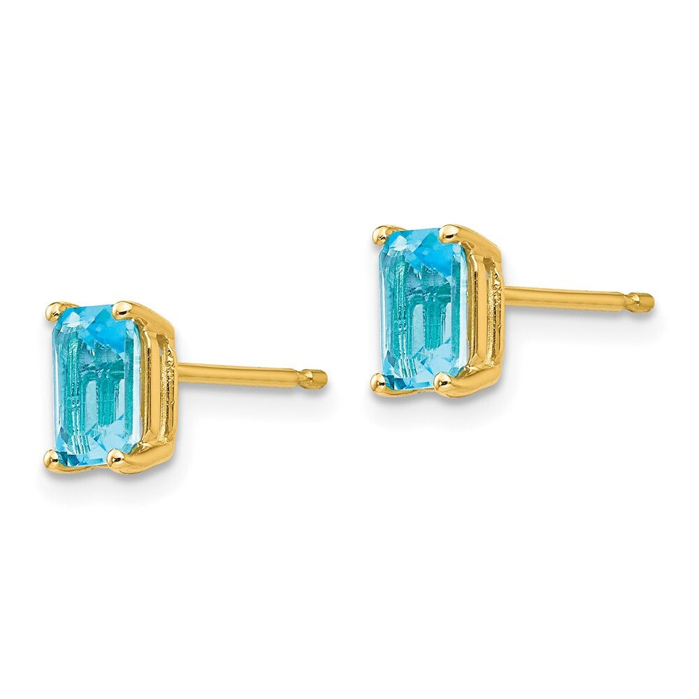 14k Yellow Gold 6x4mm Emerald Cut Blue Topaz Stud Earrings Gift for Women
