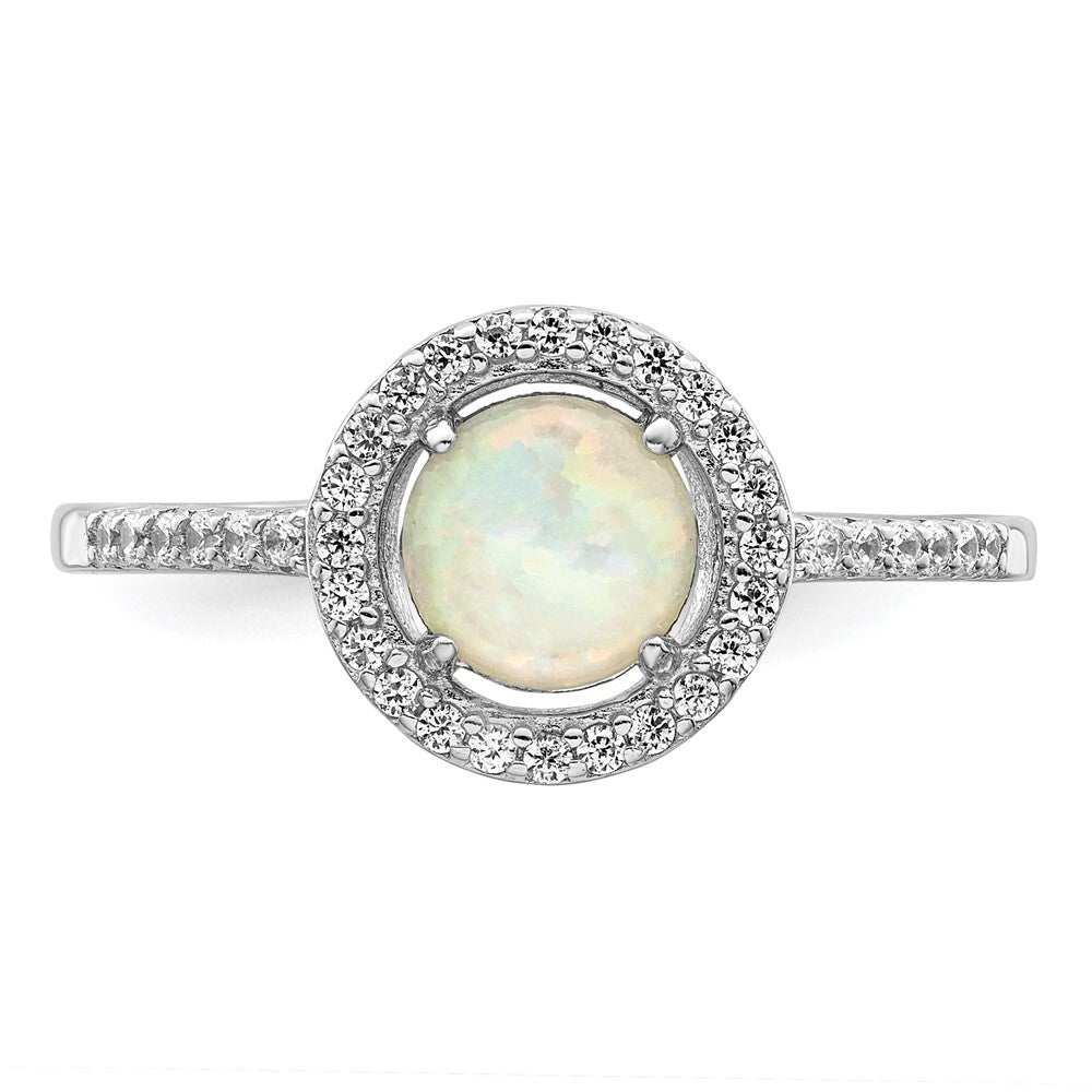 Sterling Silver Rhodium-plated Polished White Created Opal CZ Halo Ring Size 7