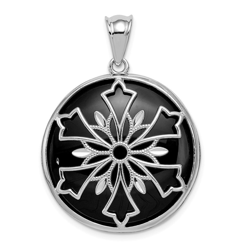 Sterling Silver Snowflake Diamond Cut Mother of Pearl & Onyx Reversible Pendant