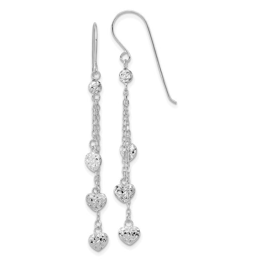 14k White Gold Diamond-Cut Triple Heart Drop Dangle Earrings w/ Shepherd Hook