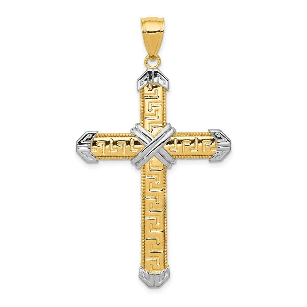 14k Yellow Gold And Rhodium Greek Key Cross Pendant for Women