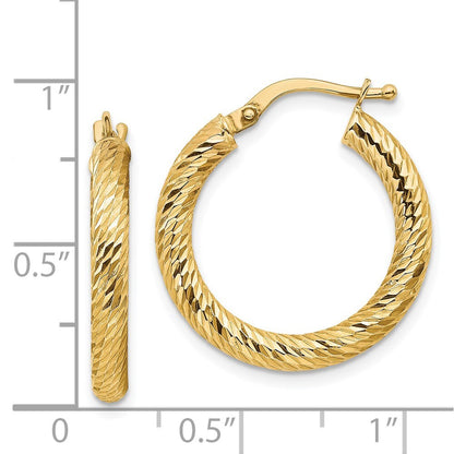 14k Yellow Gold Polished 3mm Diamond-cut Round Hoop Earrings Gift for Women