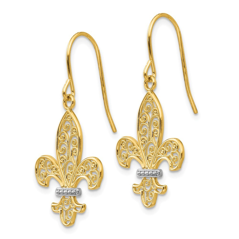 14k Yellow Gold & Rhodium Fleur de lis Drop Dangle Earrings w/ Shepherd Hook