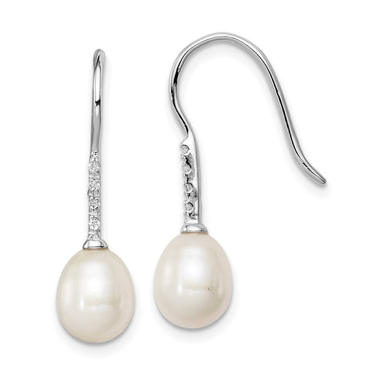 Sterling Silver 7-8mm Teardrop Cultured Pearl and Cubic Zirconia Dangle Earrings