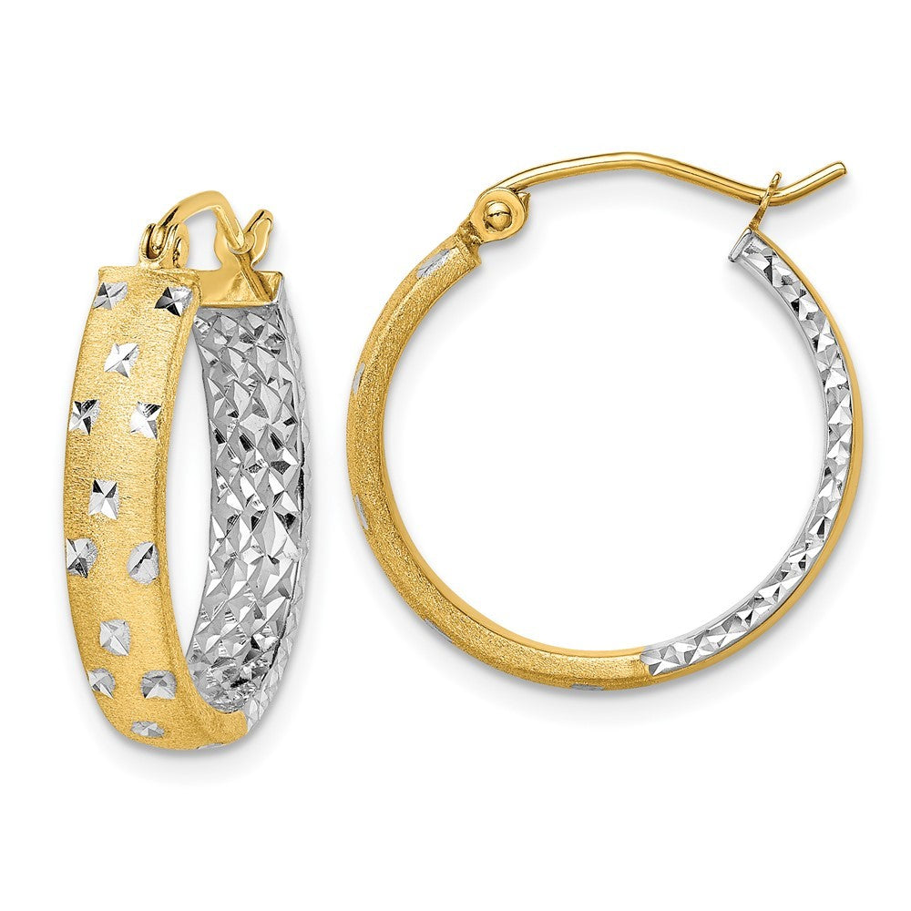 14k Yellow Gold w/White Rhodium Satin Polished Diamond-cut In/Out Hoop Earrings