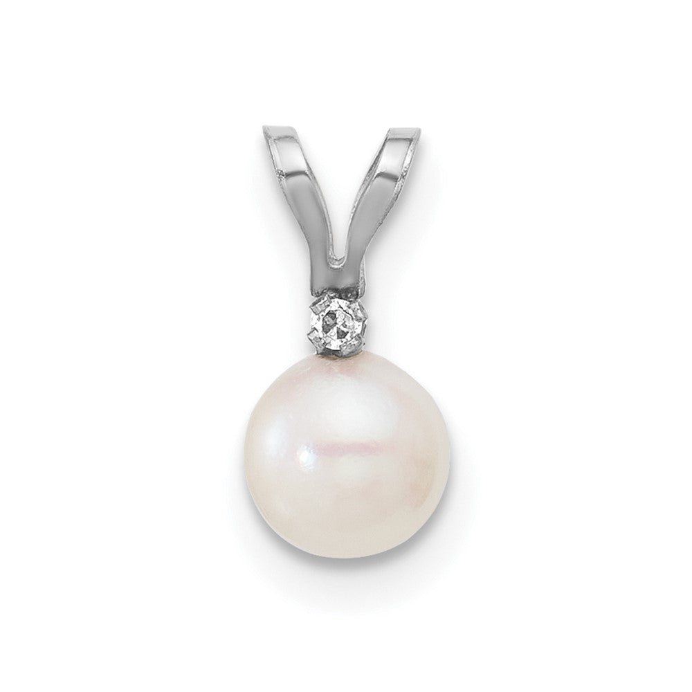14k White Gold 5-6mm White Round Akoya Cultured Pearl &.01 Carat Diamond Pendant