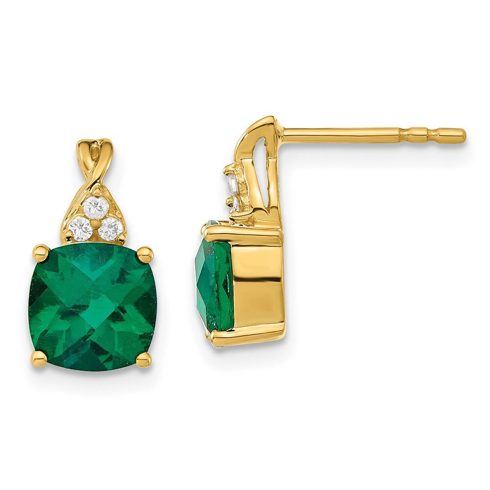 14k Yellow Gold Checkerboard Created Emerald and Diamond Drop & Dangle Earrings