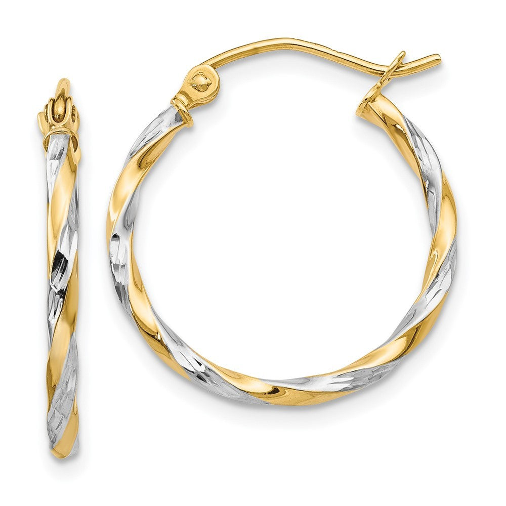 14k Yellow Gold & Rhodium Hollow Twisted Hoop Earrings
