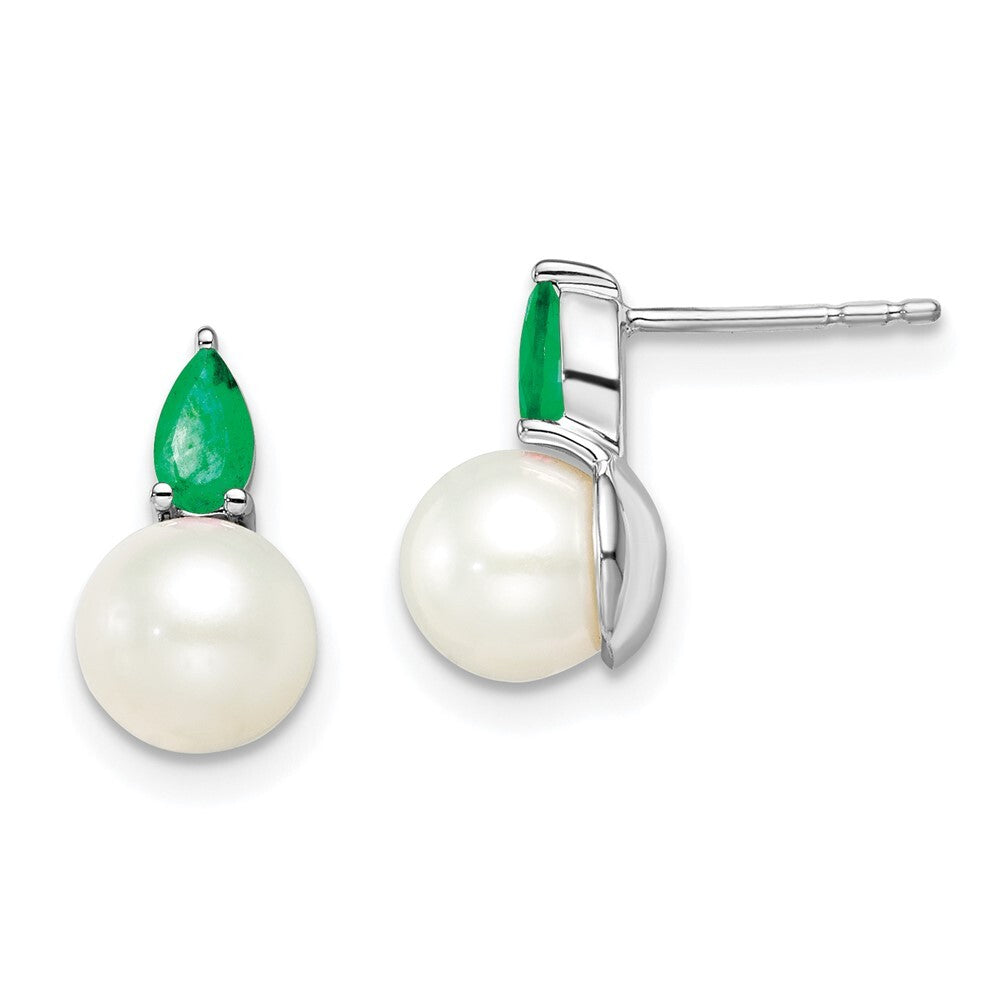 14k White Gold FWC Pearl and Emerald Stud Earrings