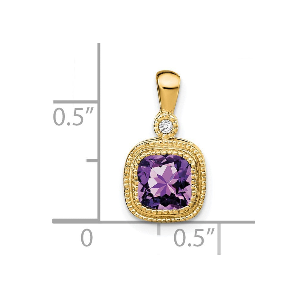 14k Yellow Gold 6mm Cushion Amethyst and Diamond Pendant