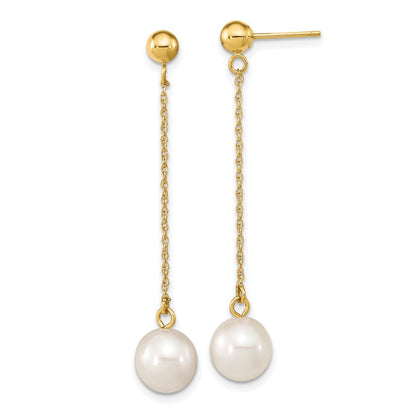 14k Yellow Gold 7-8mm White Round Freshwater Cultured Pearl Dangle Earrings