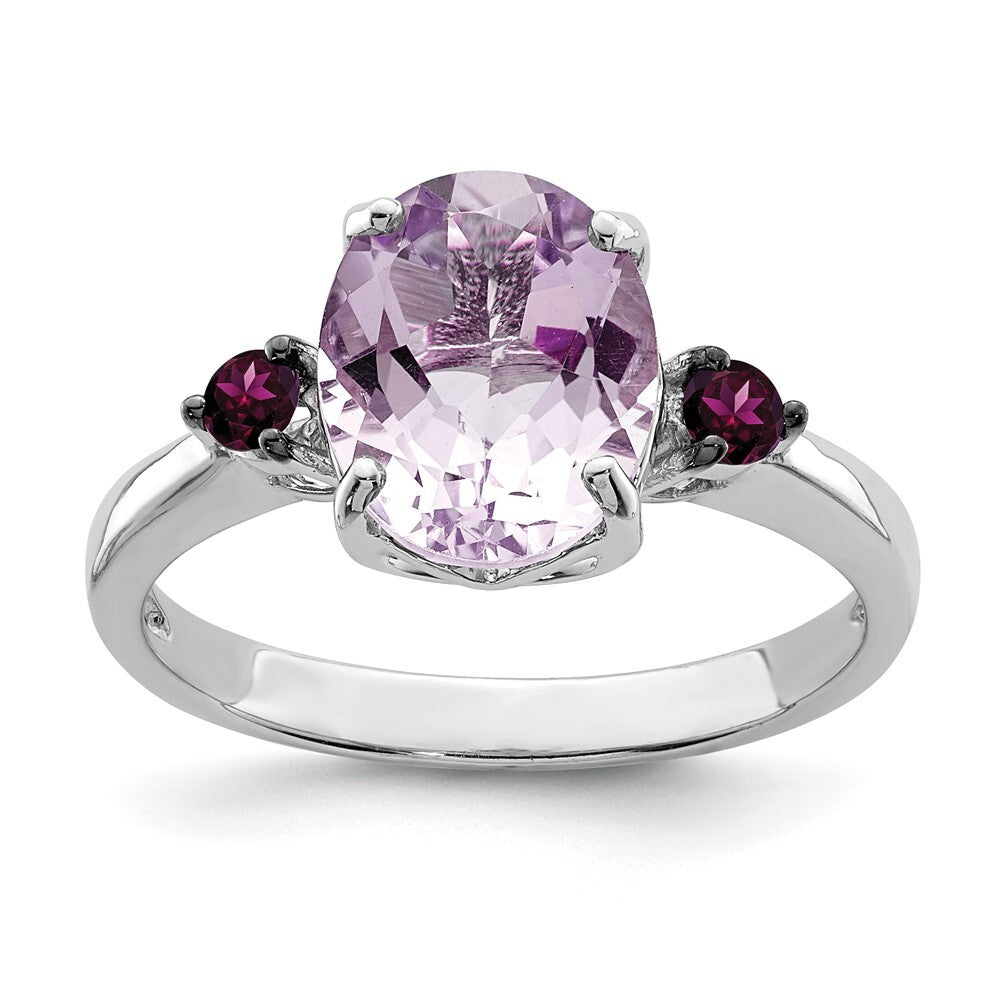 Sterling Silver Rhodium Pink Quartz & Rhodolite Garnet Ring Size 10