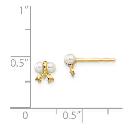 14k Yellow Gold White Button Freshwater Cultured Pearl Bow Stud Earrings