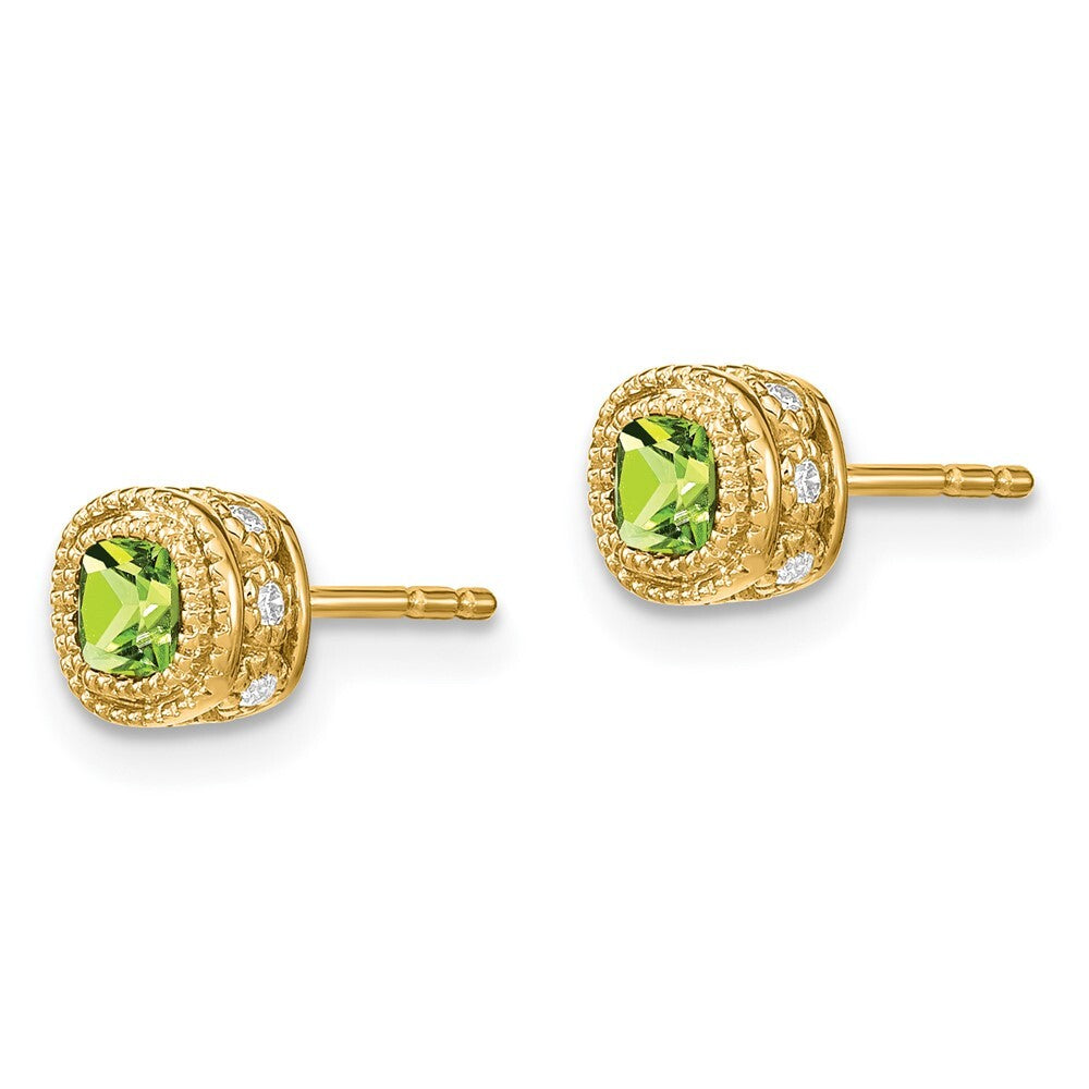 14k Yellow Gold Cushion Peridot and Diamond Stud Earrings