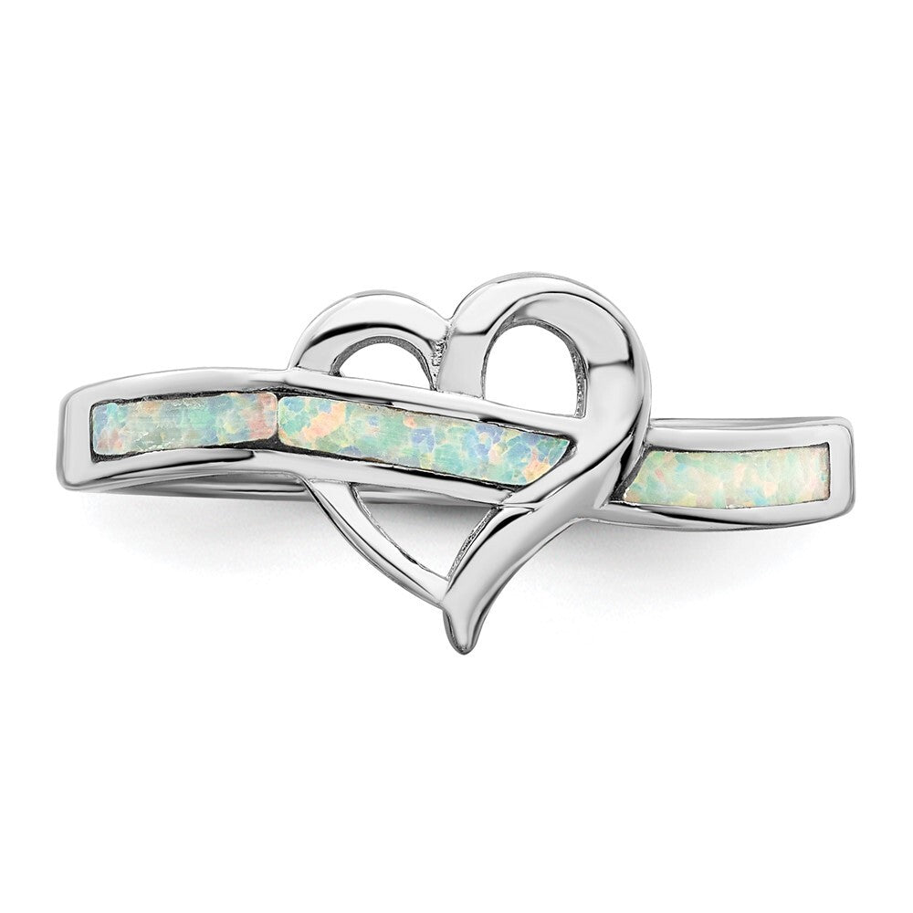 Sterling Silver Rhodium-plated White Created Opal Inlay Heart Ring Size 8