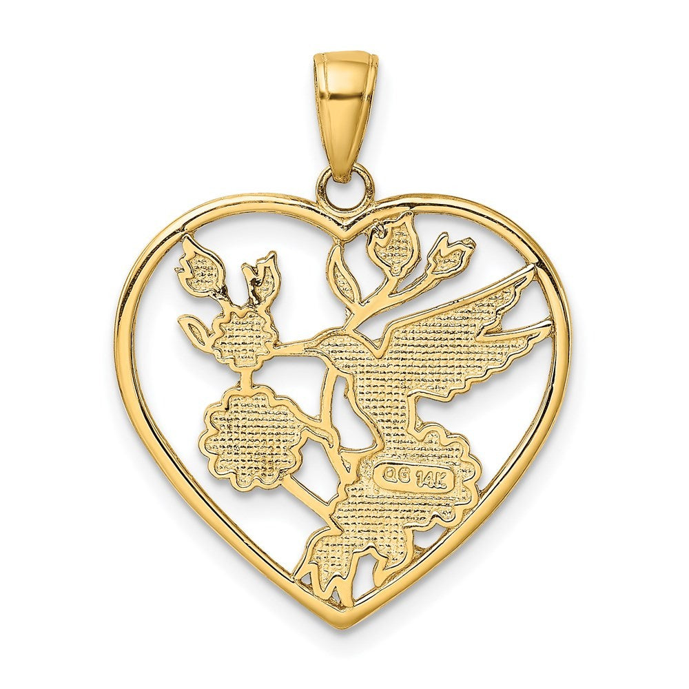 14k Yellow Gold Enameled Hummingbird Flowers Heart Pendant