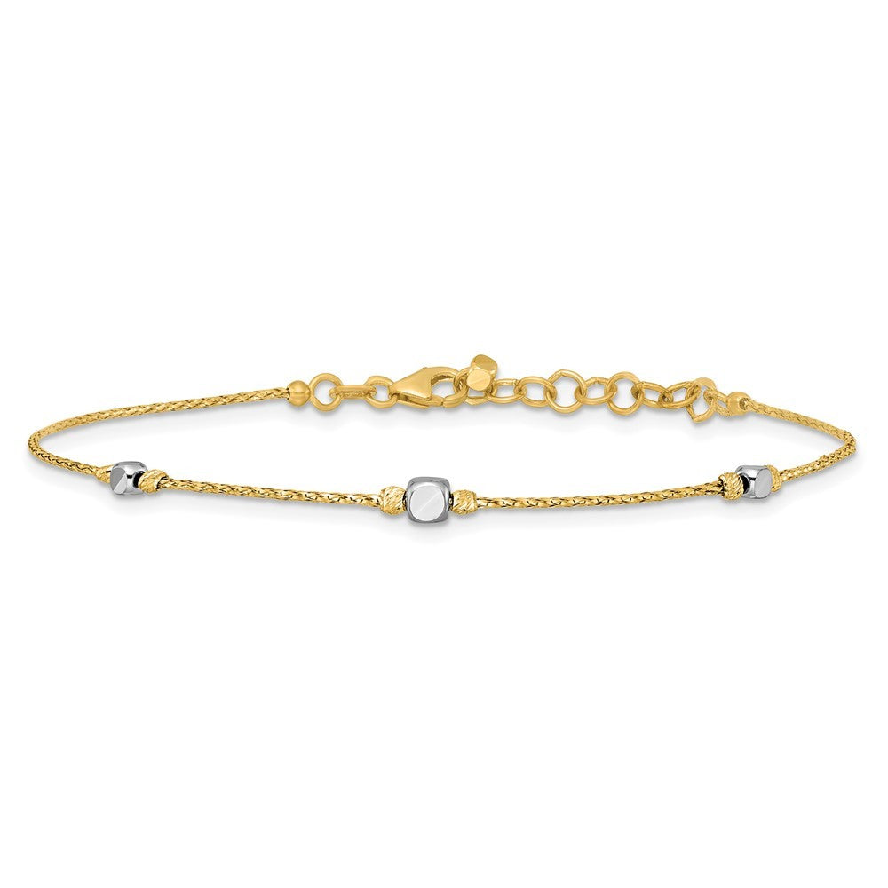 14K Two-Tone  Diamond-cut Round and Square Beaded 7" Bracelet with 1" Ext
