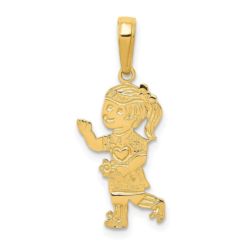 14k Yellow Gold Little Girl Walking with Flowers Pendant for Women