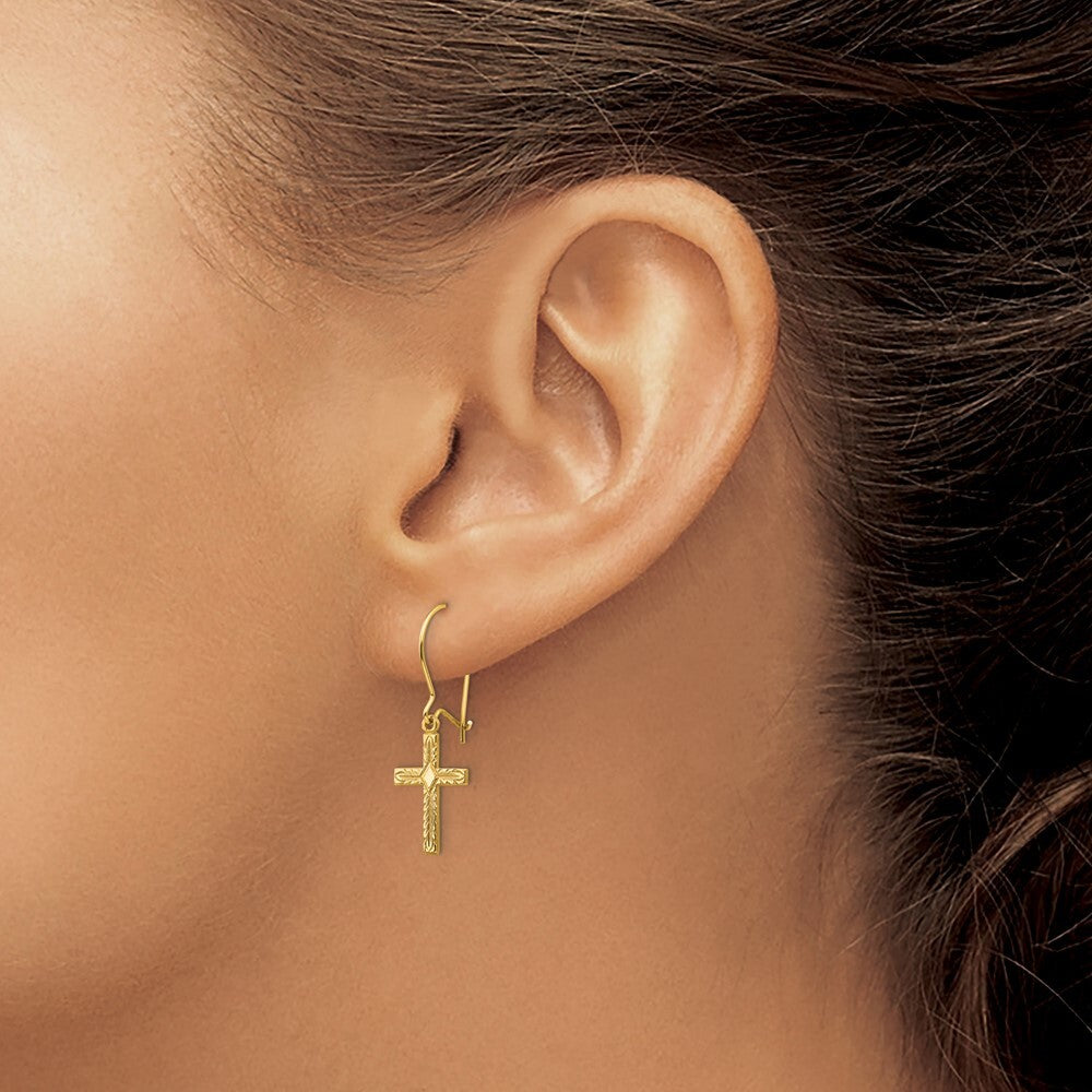 14k Yellow Gold Polished & Satin Cross Earrings
