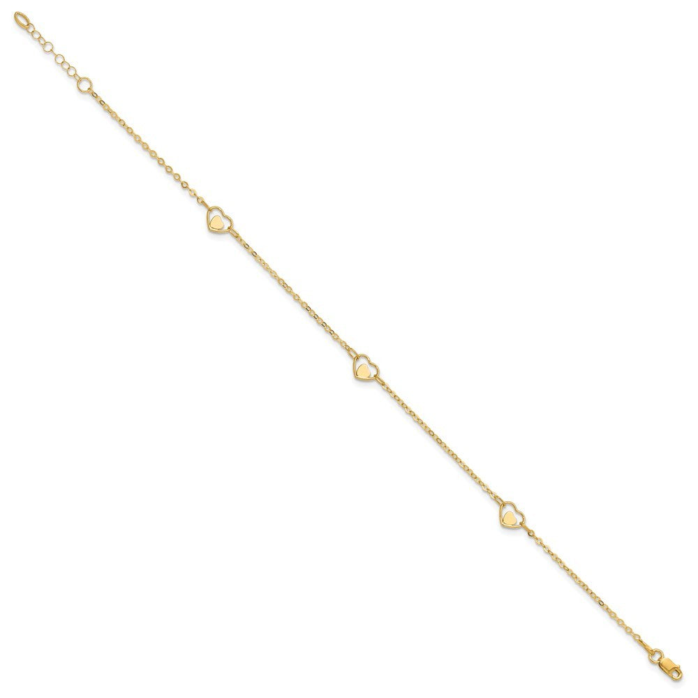 14k Yellow Gold Polished Heart-in-Heart Links 3-Station 10" Anklet