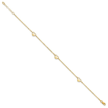 14k Yellow Gold Polished Heart-in-Heart Links 3-Station 10" Anklet