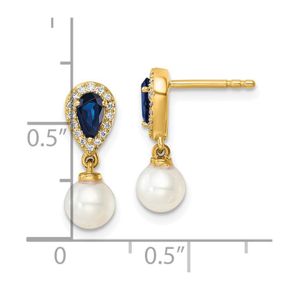 14k Yellow Gold Polished Diamond Pearl and Sapphire Dangle Earrings