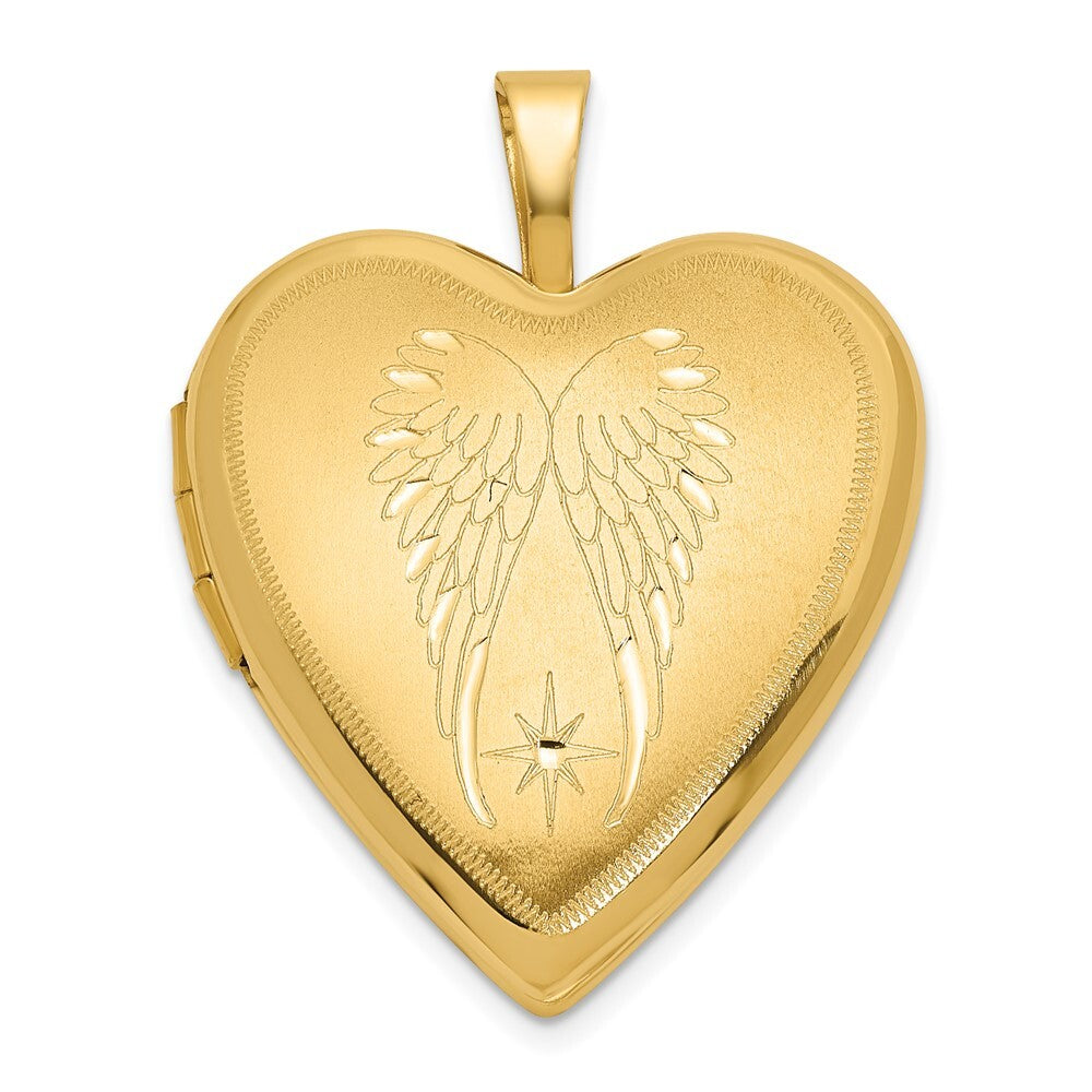 14k Yellow Gold Satin and Polished Angel Wings 20mm Heart Locket