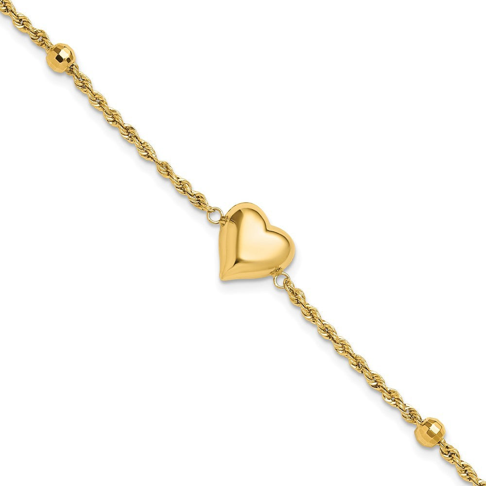 14k Yellow Gold Polished and Diamond-cut Beaded Puffed Heart 7.75 inch Bracelet