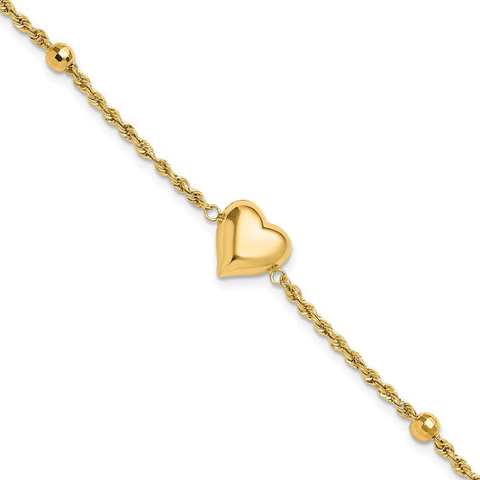14k Yellow Gold Polished and Diamond-cut Beaded Puffed Heart 7.75 inch Bracelet