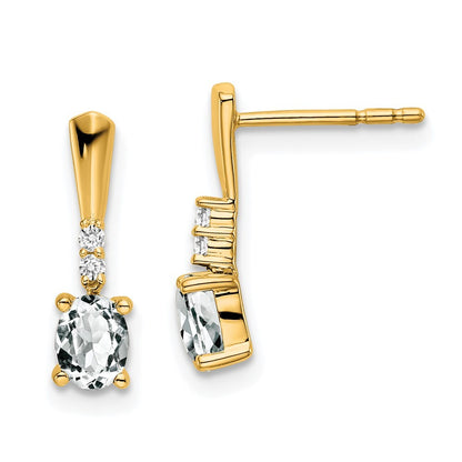14k Yellow Gold Oval White Topaz and Diamond Dangle Earrings Gift for Women