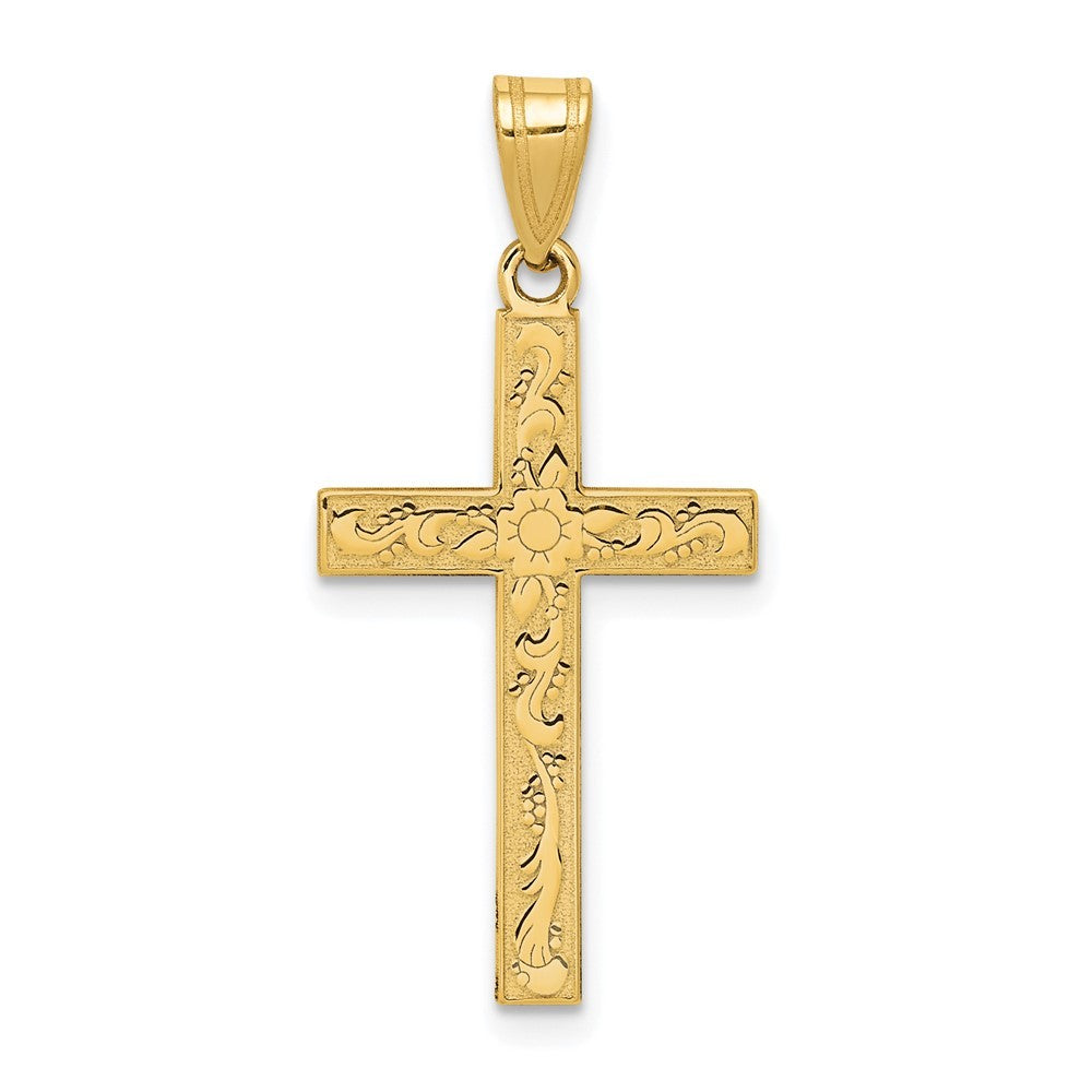 14k Yellow Gold Etched Floral Cross Pendant