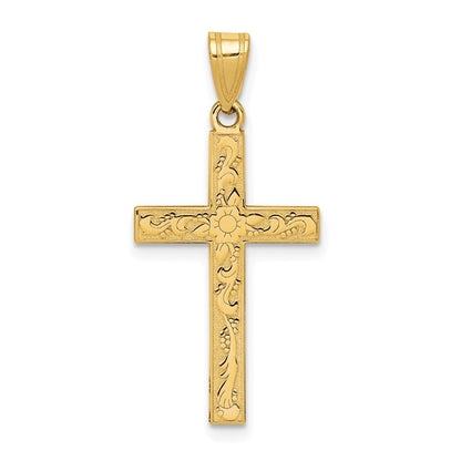 14k Yellow Gold Etched Floral Cross Pendant