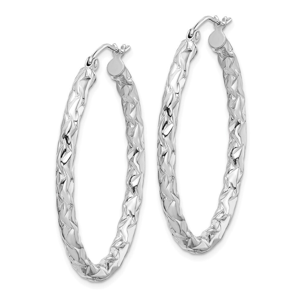 Sterling Silver RH-plated Diamond-cut Textured 3mm Oval Hoop Earrings