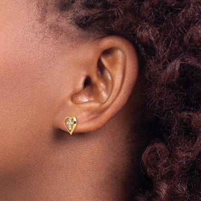 14k Yellow Gold Cubic Zirconia Children's Heart Cross Stud Earrings