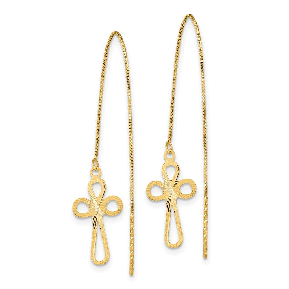 14k Yellow Gold Polished Diamond-cut Box Chain Cross Threader Earrings