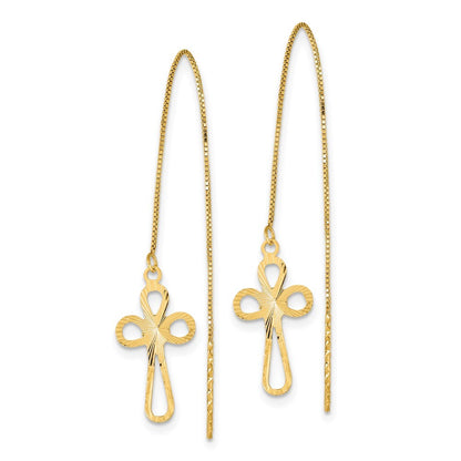 14k Yellow Gold Polished Diamond-cut Box Chain Cross Threader Earrings