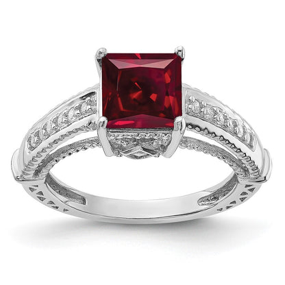 Sterling Silver Rhodium-plated Lab Created Ruby and CZ Ring