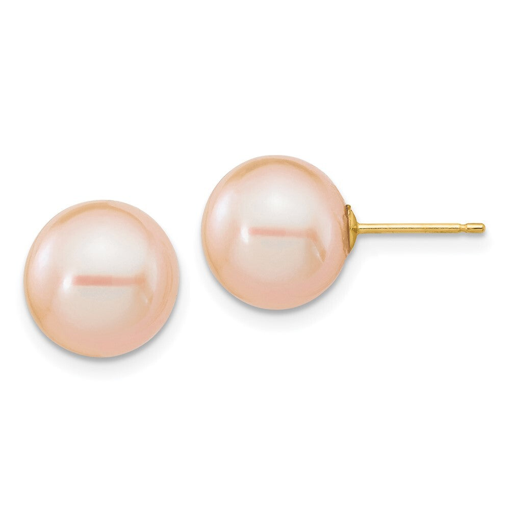 14k Yellow Gold 10-11mm Pink Round Freshwater Cultured Pearl Stud Earrings