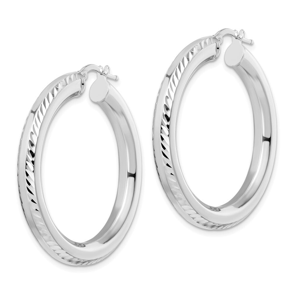 Sterling Silver Rhodium-plated 5x38mm Diamond-cut Octagon Tube Hoop Earrings