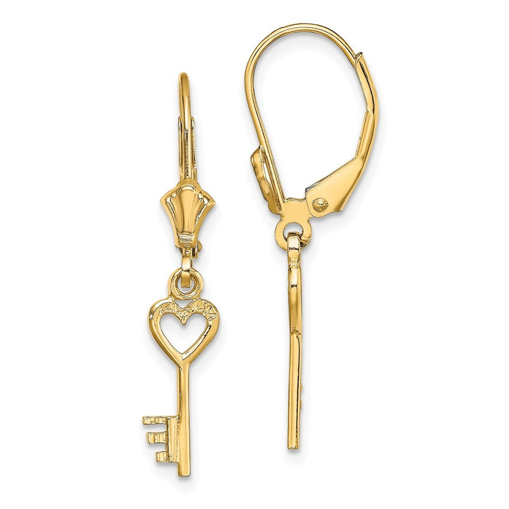 14k Yellow Gold Polished Heart Key Drop Dangle Earrings