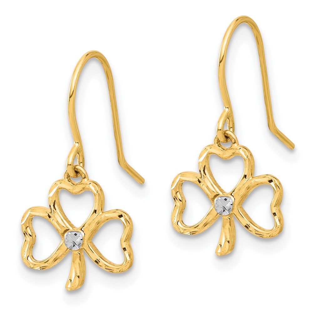 14k Yellow Gold and White Rhodium Diamond-Cut Clover Dangle Earrings