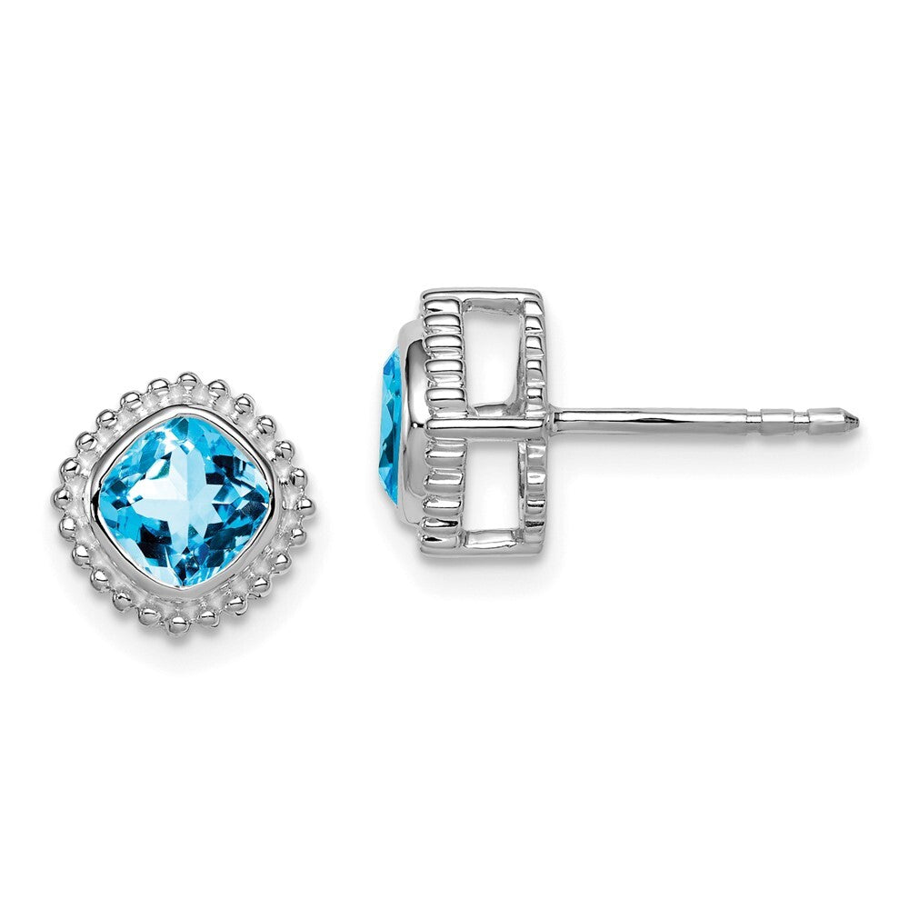 14k White Gold Cushion Blue Topaz Stud Earrings