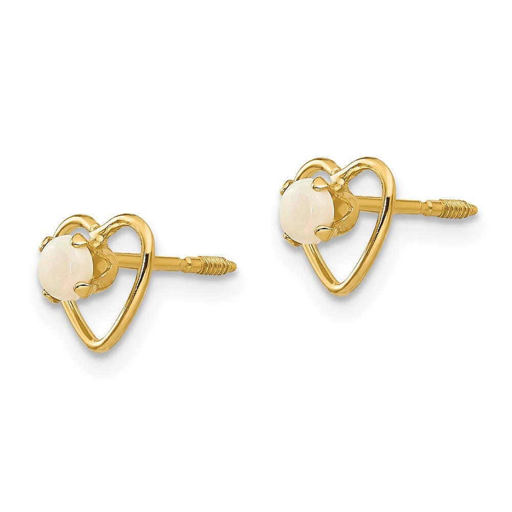 14k Yellow Gold 3mm Imitation Opal Birthstone Heart Stud Earrings