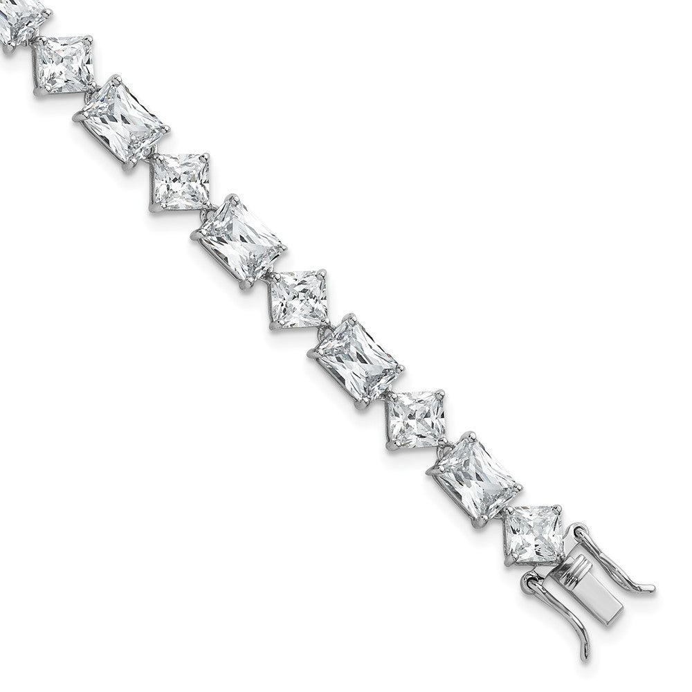 Sterling Silver Rhodium-plated  Fancy Princess and Emerald-cut CZ 7.25" Bracelet