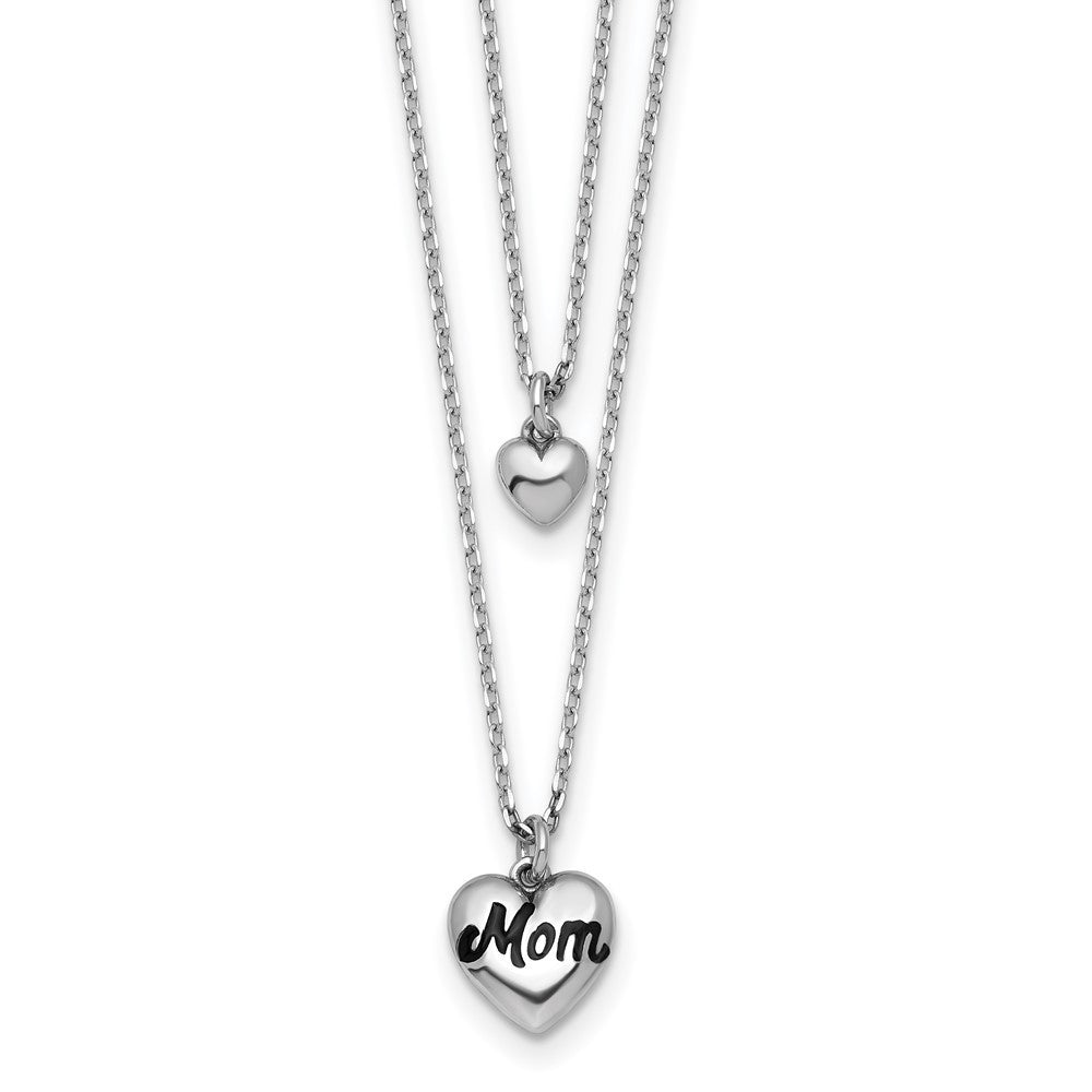 Sterling Silver Black Enamel MOM Puffed Heart and Small Heart 16" Necklace