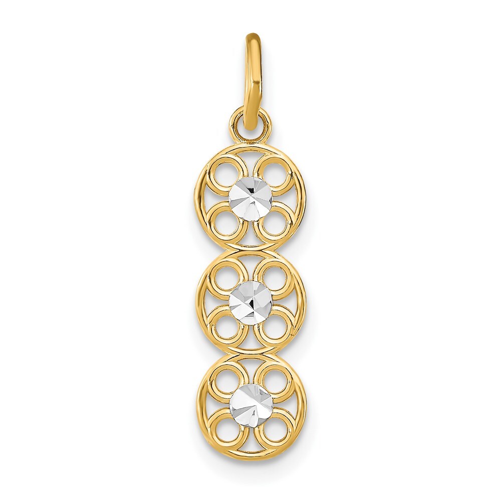 14k Yellow Gold Rhodium and Diamond-Cut 3 Circle Charm Pendant for Women